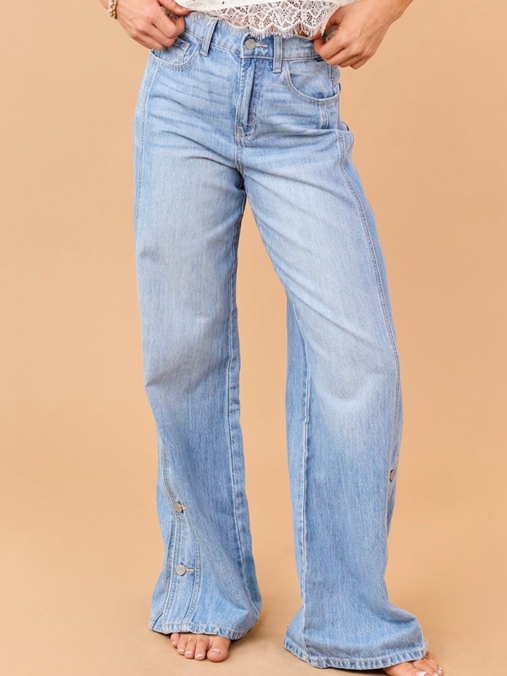 Cello Light Blue Wide-Leg High-Waist Jeans with Side Snap Panel